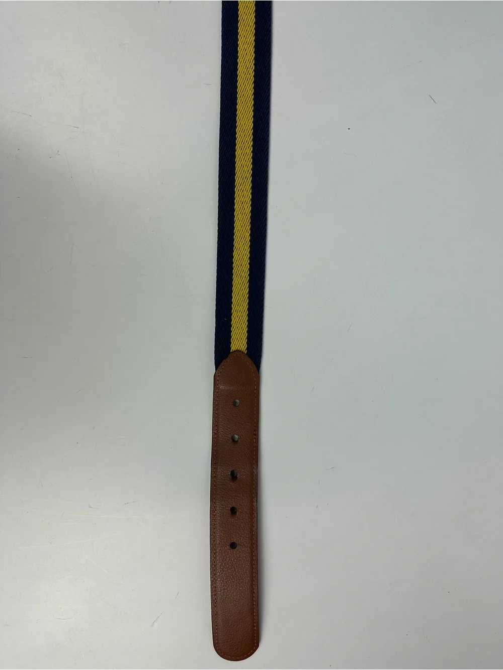 Men's Navy & Yellow Striped Belt with Brown Leather Trim